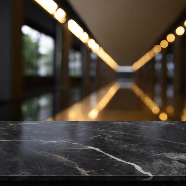 Black marble table top with blurred modern background