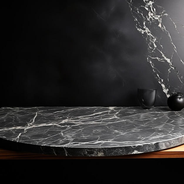 Black marble table top with glass and ceramic vase