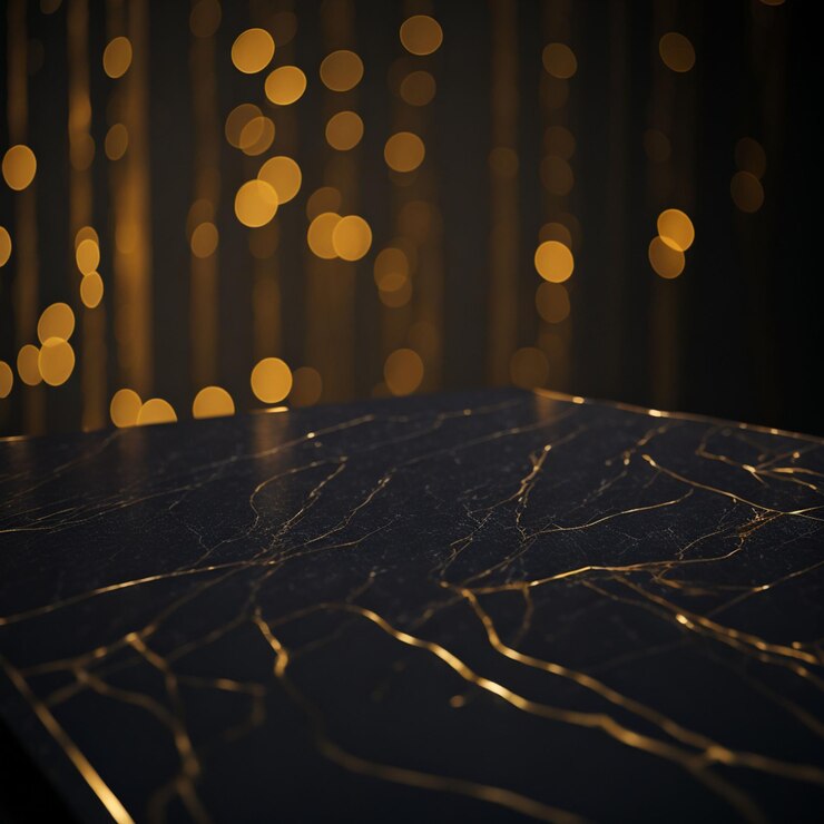 Photo black marble table top with golden bokeh light abstract background