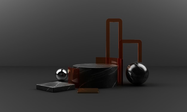 black marble texture geometric shape and gold with stainless with colour glass object group set 3d render abstract scene blank podium with black background