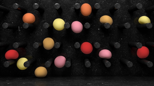Черная мраморная стена, падают красочные мягкие шары. Абстрактная иллюстрация, 3d-рендеринг.