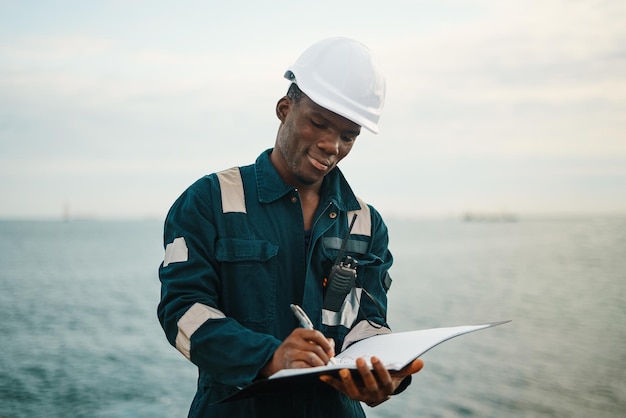 Photo black maritime worker filling papers in folder