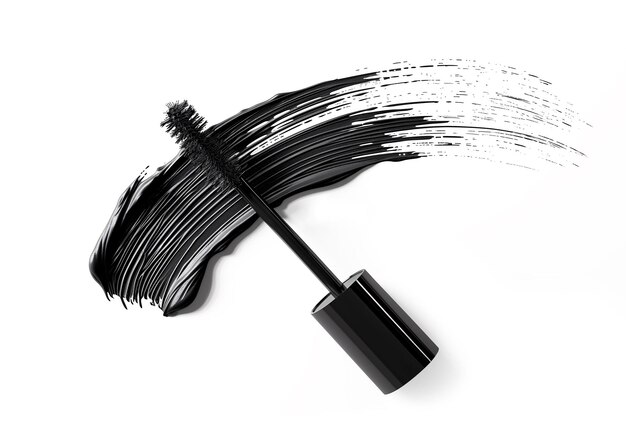 Black mascara brush stroke with applicator brush isolated on white