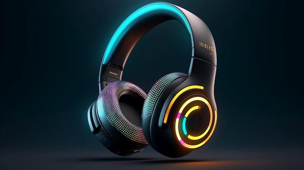 Black matte big headphones with yellow turquoise pink gradient color neon