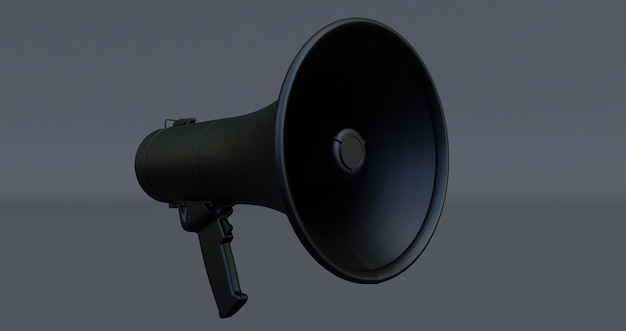 Black megaphone isolated on black background, 3d rendering of bullhorn