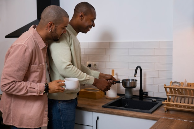 Black men couple spending time together