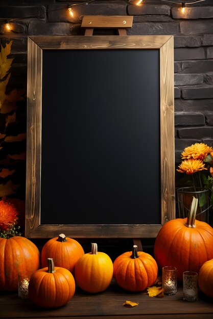 Black menu board with autumn decorations featuring a signboard mockup and pumpkins 3D illustration