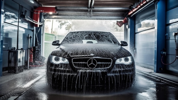 A black mercedes - benz car is being washed in a garage.