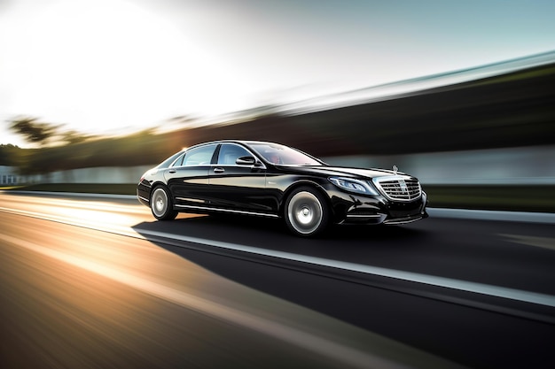 A black mercedes - benz car is driving down a road.