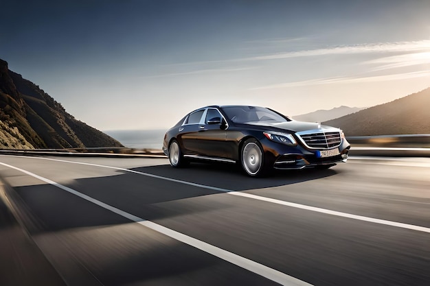 A black mercedes - benz car is driving on a road with the words mercedes on the front.