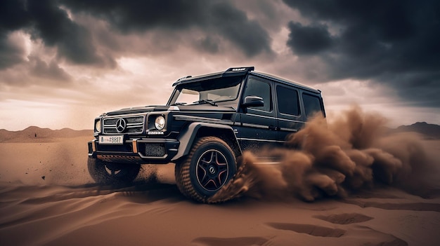 A black mercedes - benz g - class is driving in the sand.