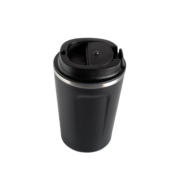 Black metal cup with cap on white background.