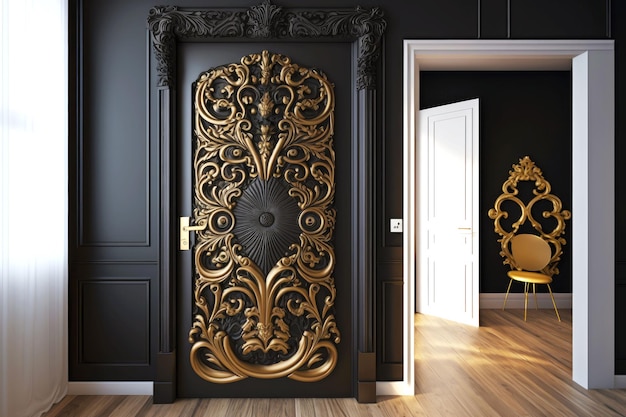 Black metal door with gold ornamentation in room with wooden floor generative ai