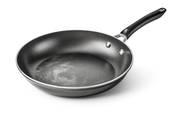 Black metal frying pan with non stick coating isolated on white