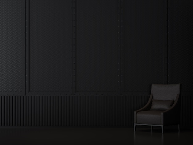 интерьер комнаты из черного металла в индустриальном стиле, 3d визуализация с черным кожаным креслом