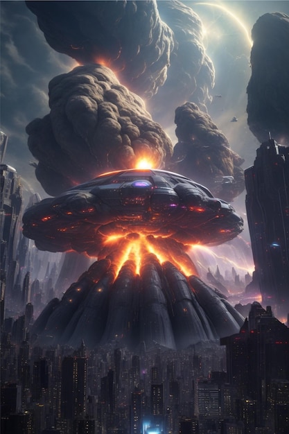 Black metallic alien mothership crashing into a futuristic city