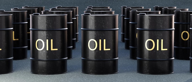 Black metallic barrels with oil standing 3D render