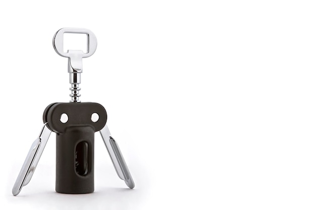 Black and metallic corkscrew white background space for text wine bottle opener concept cork