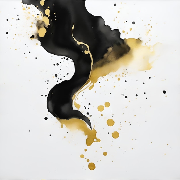 Photo black and metallic gold watercolor on a white background the color splashes on the paper background