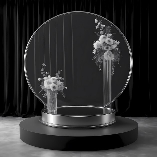 Black metallic podium stage mockup glossy pedestal with natural flower decor on glass pillar