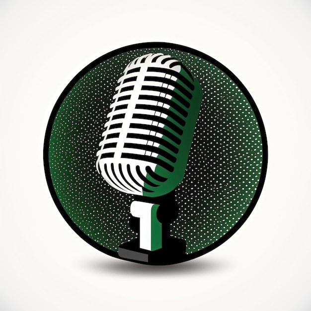 Черный значок микрофона в зеленом круге, логотип подкаста, белый фон. Генеративный ИИ
