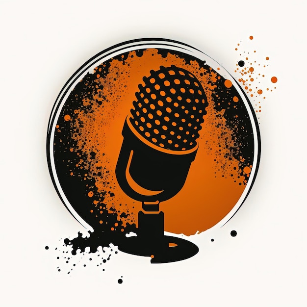 Photo black microphone icon in orange circle, podcast logo, white background. generative ai