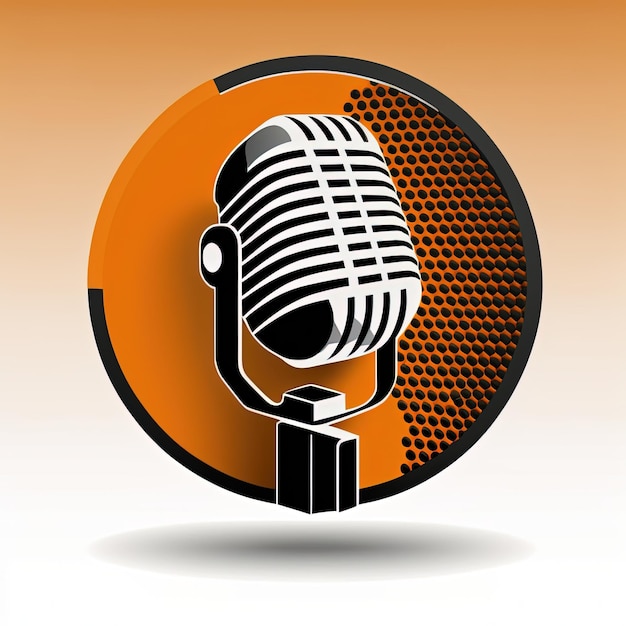 Photo black microphone icon in orange circle, podcast logo, white background. generative ai