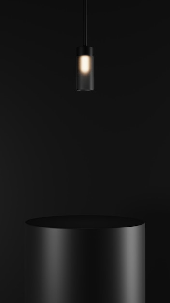 Photo black minimalist cylinder podium with led pendant lamp, portrait dark pedestal for product display