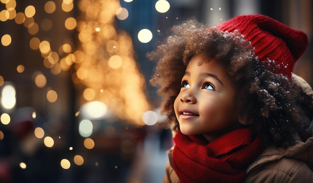 A black mixed race African American girl toddler intrigued by Christmas tree Christmas bubbles