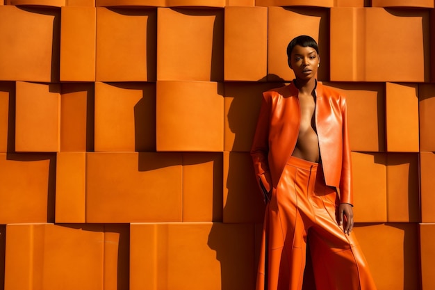 Photo black model posing for a fashion editorial orange clothes and orange background genertive ai