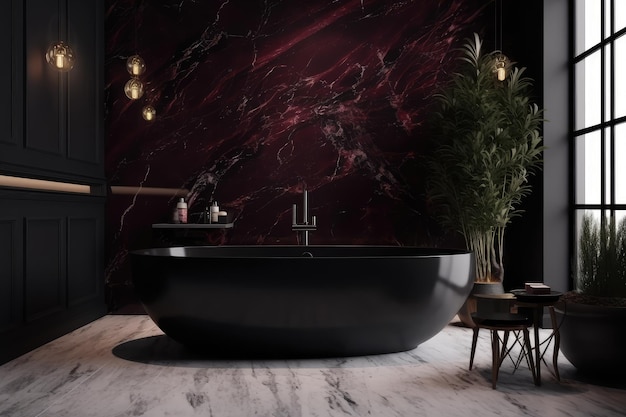 Чёрный современный интерьер ванной с мраморной бургундской ванной AI