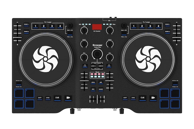 Black Modern DJ Set Turntable Mixer Equipment on a white background. 3d Rendering
