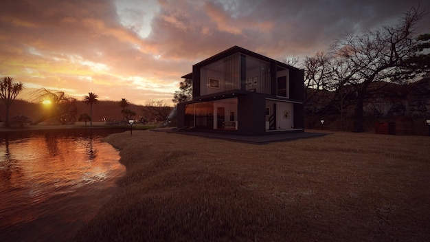 black modern house in front of the lake sunset view 3d illustration