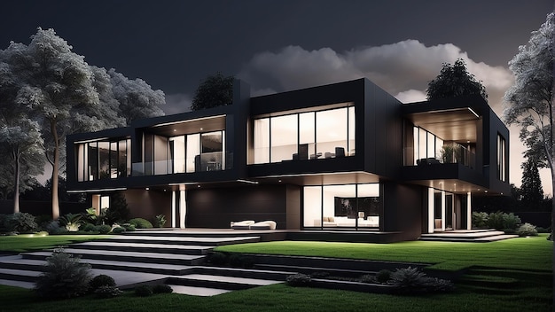 A black modern house with large windows