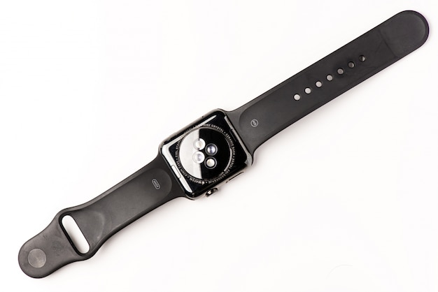 Black modern smart watch located on white background