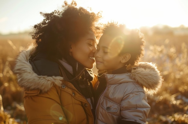 Photo black mom kid and happy outdoor for bonding with kiss for mothers day appreciation and support lens