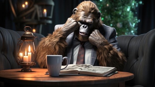 Black monkey reading a newspaper HD 8k background Wallpaper Stock Photographic image