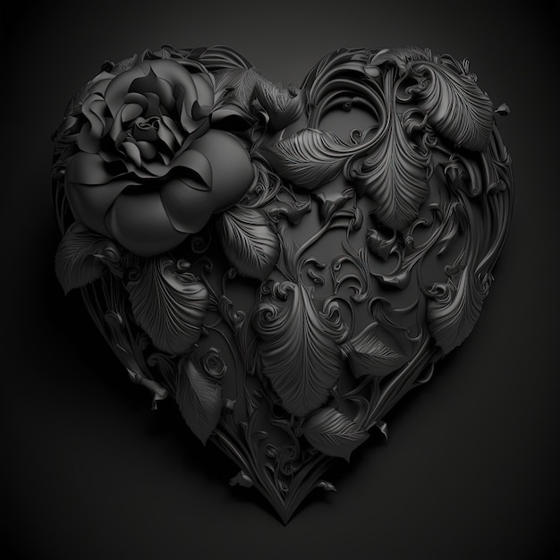 Black monochrome floral heart Wake funeral service love concept AI