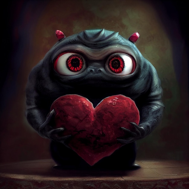 A black monster with red eyes holds a heart in his hands