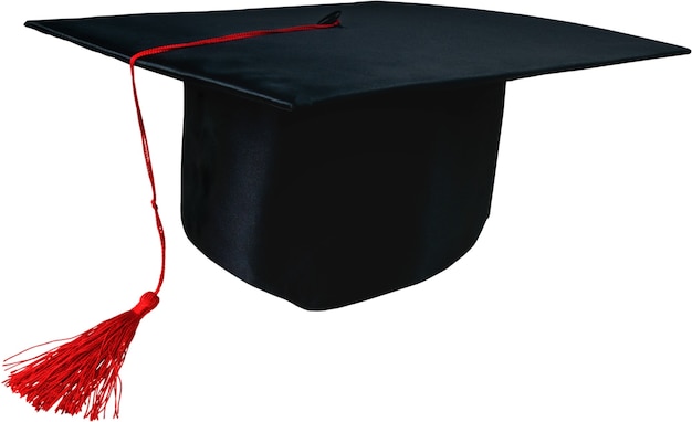 black mortar board cap with red tassel isolated on white background.