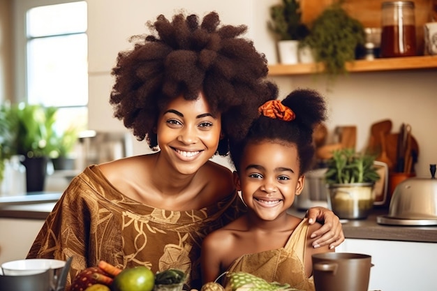 Black mother and little daughter smiling happily in kitchen at home