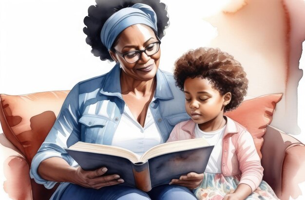 흑인 어머니가 딸에게 재미있는 책을 읽어주고 이야기를 들려주는 육아 자녀 교육