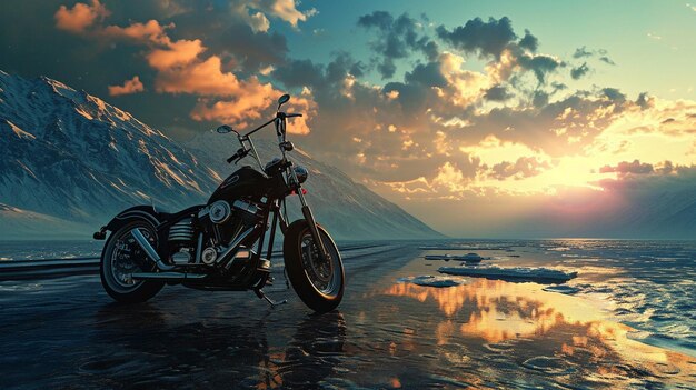 Photo a black motorcycle glides through the winding roads of the mountains generated by ai