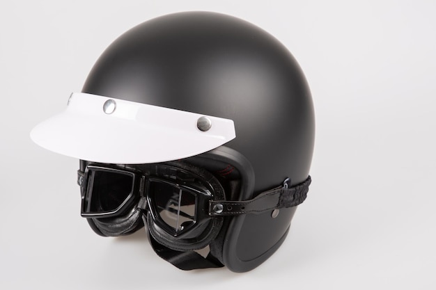 Black motorcycle helmet with a visor and goggles anti-sun protective retro and vintage style cafe racer