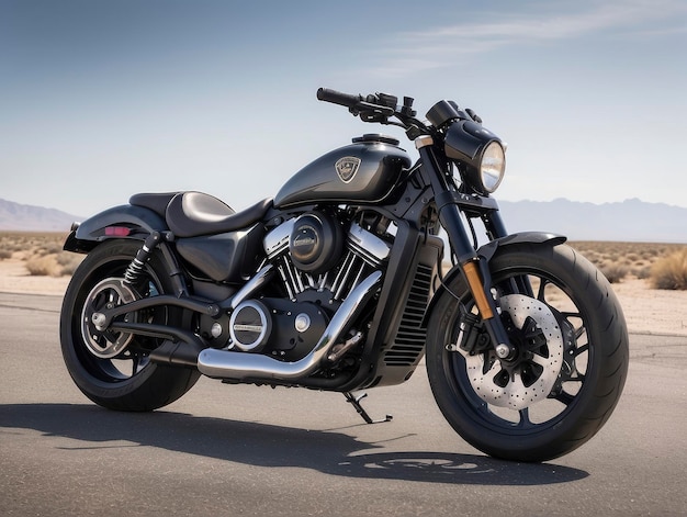 a black motorcycle parked on the side of the road in the desert