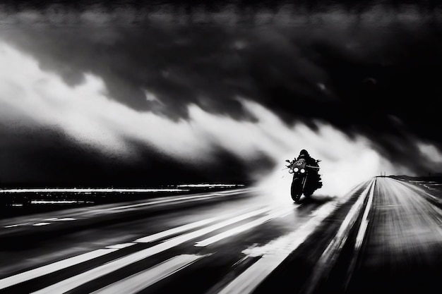 Черный мотоцикл бежит по дороге на высокой скорости, создавая размытый пейзаж.