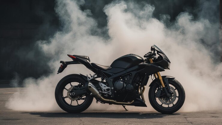 Photo black motorcycle in smoke leaving tire marks