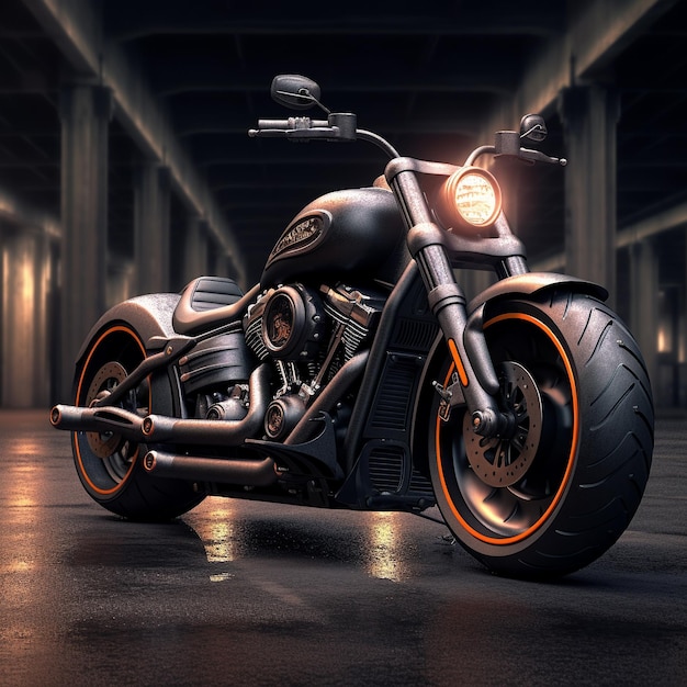 a black motorcycle with orange and black stripes on the side.