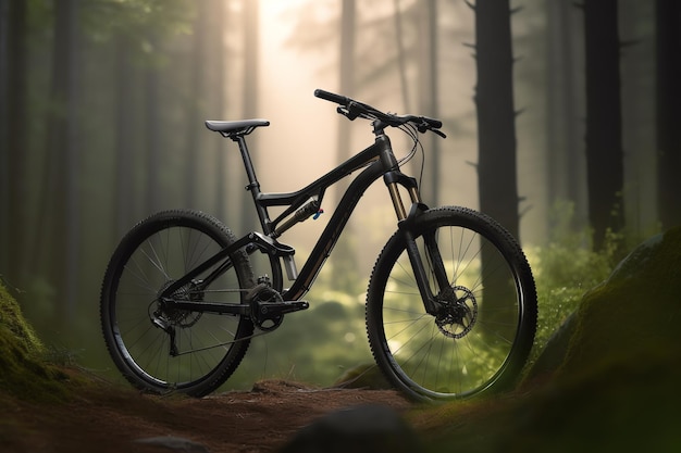 A black mountain bike in a forest with a light in the background