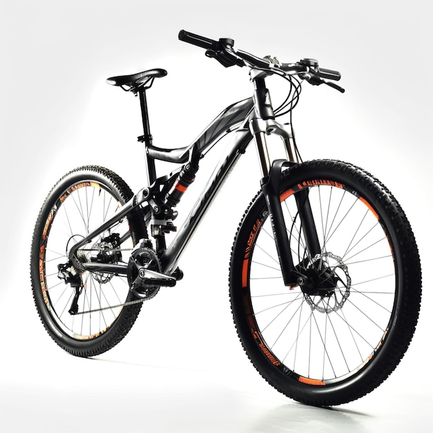 A black mountain bike with orange trim and black letters.